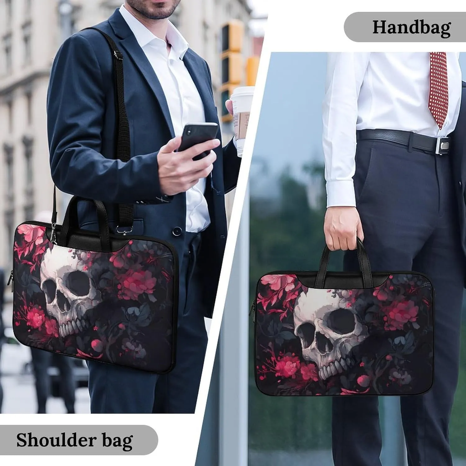 Skull Blooming Flowers Peony Leather Bag Laptop Case Slim Water Resistant Computer Bags with Handle Briefcase for Work