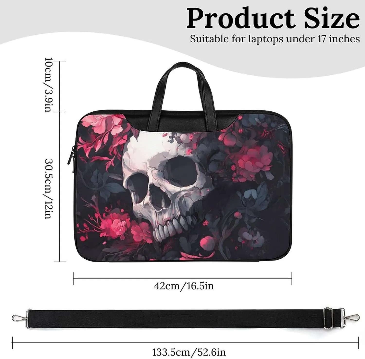 Skull Blooming Flowers Peony Leather Bag Laptop Case Slim Water Resistant Computer Bags with Handle Briefcase for Work