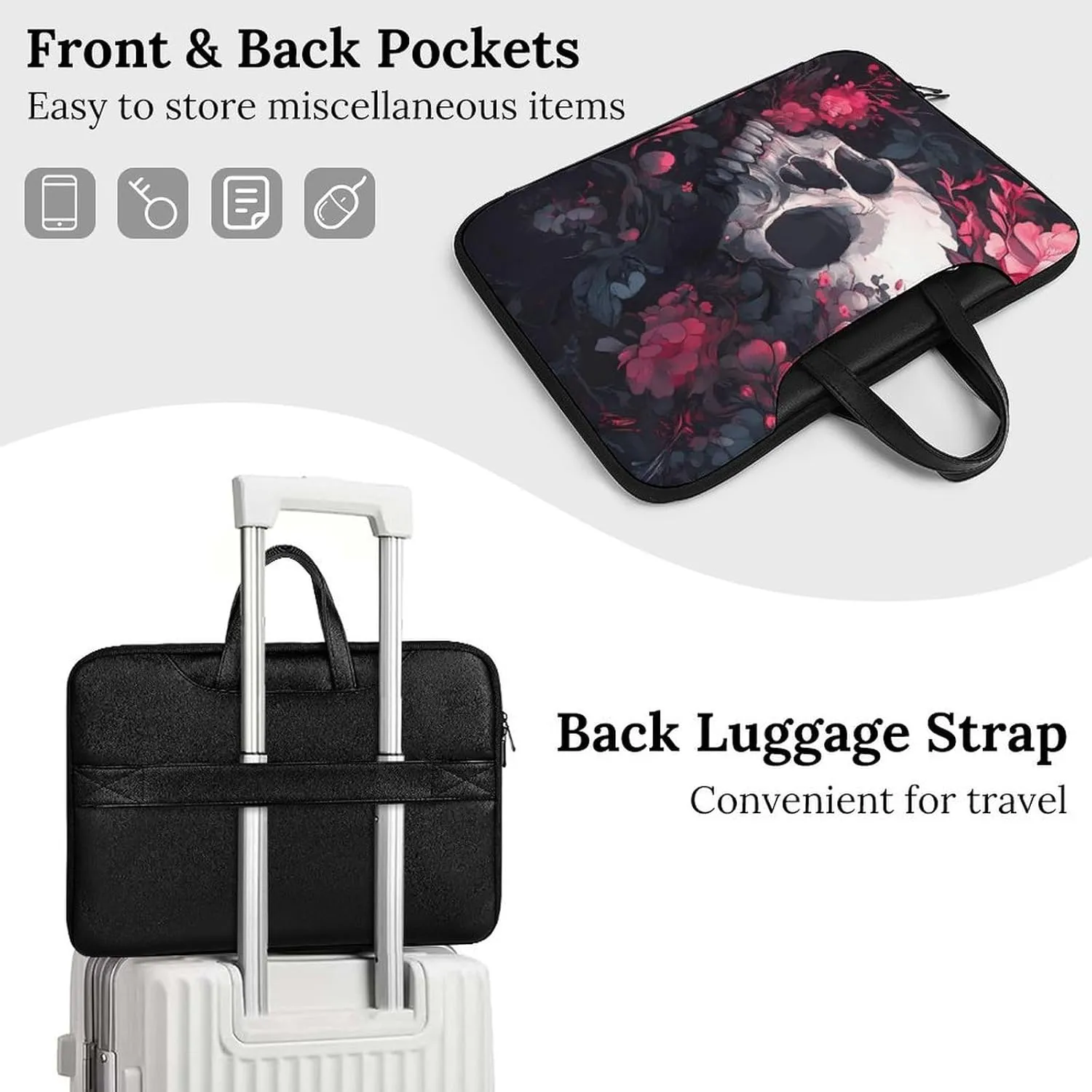 Skull Blooming Flowers Peony Leather Bag Laptop Case Slim Water Resistant Computer Bags with Handle Briefcase for Work