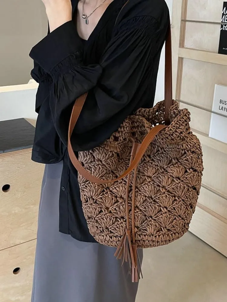 Straw Tote Bags for Women Woven Handbags for Women Handmade Bucket Bag Summer Beach Bag Hobo Bag Shoulder Bag