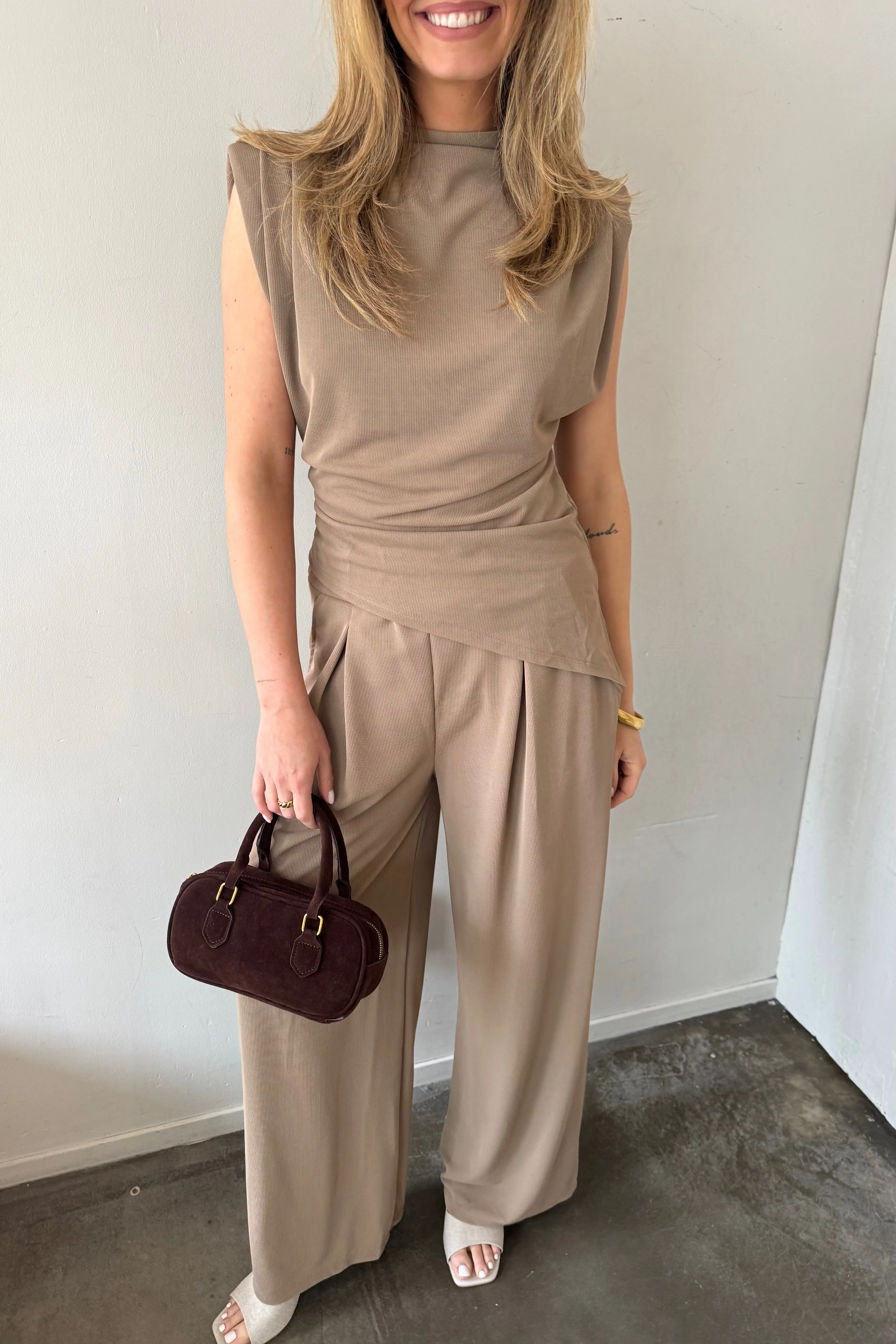 Structured Set top broek - Taupe