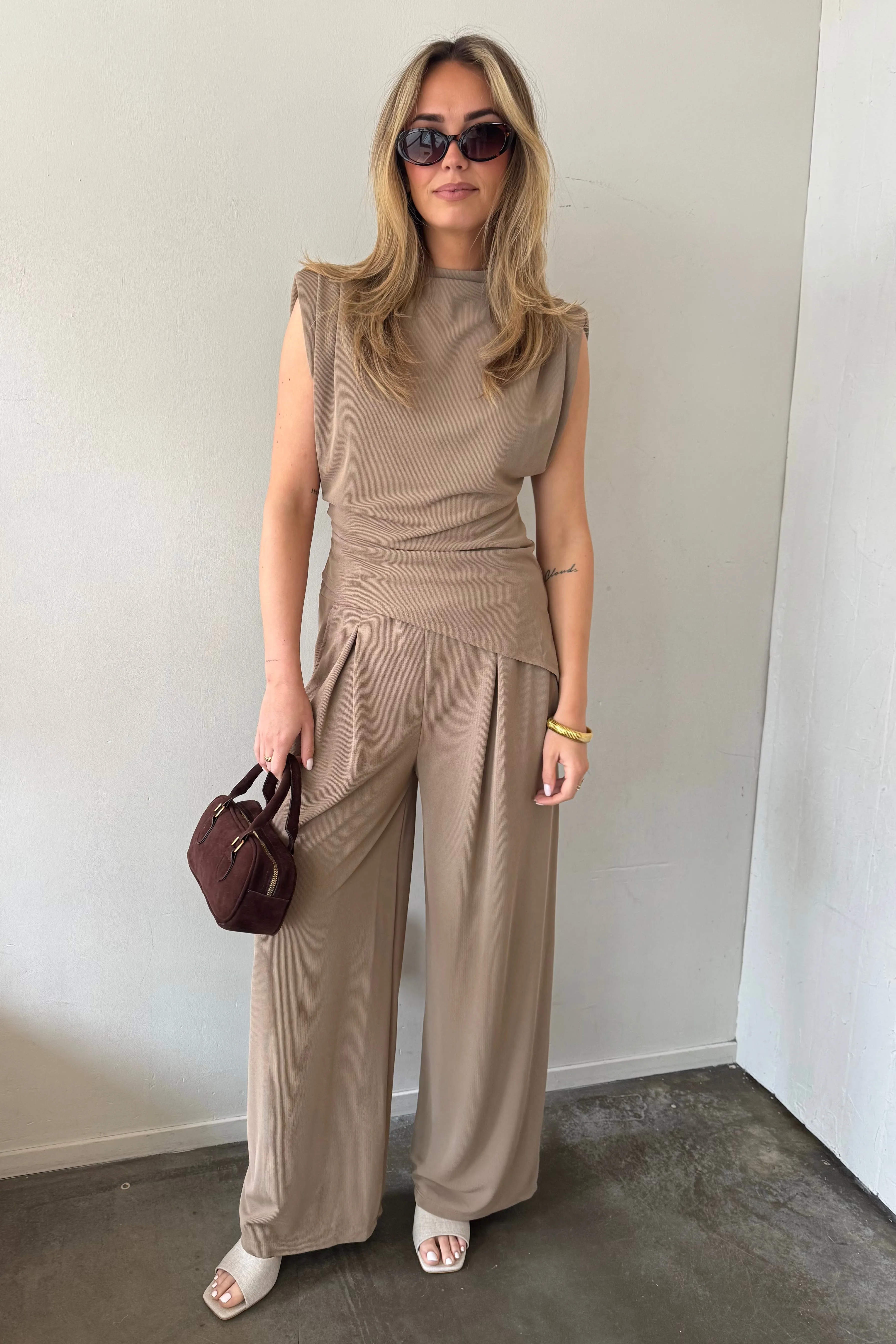 Structured Set top broek - Taupe