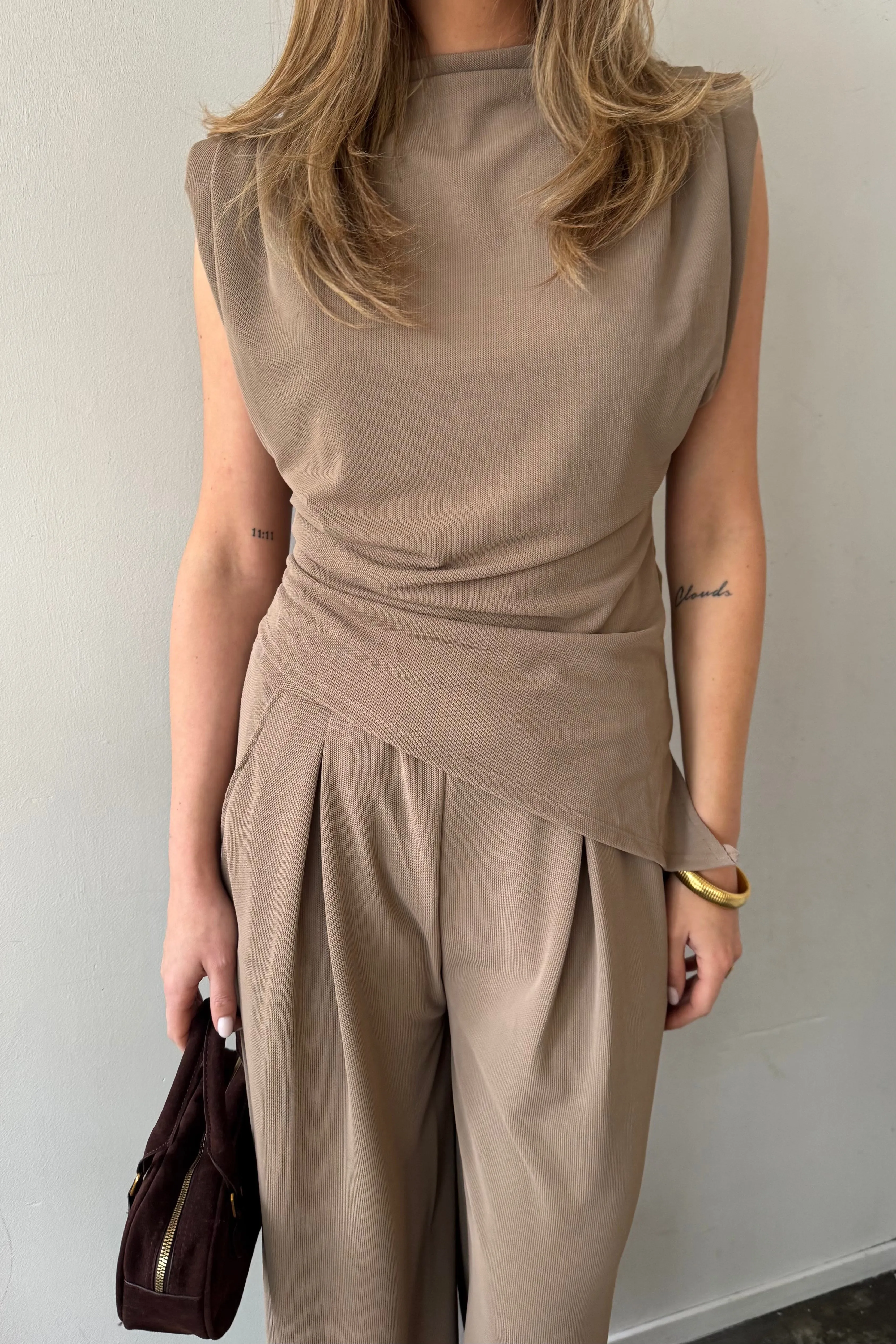 Structured Set top broek - Taupe