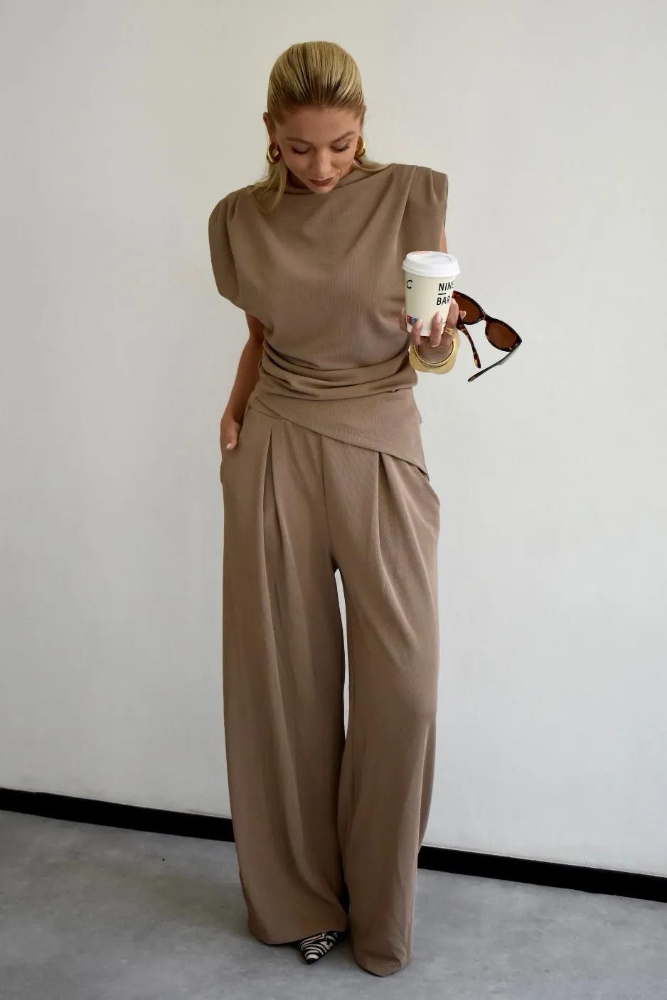 Structured Set top broek - Taupe