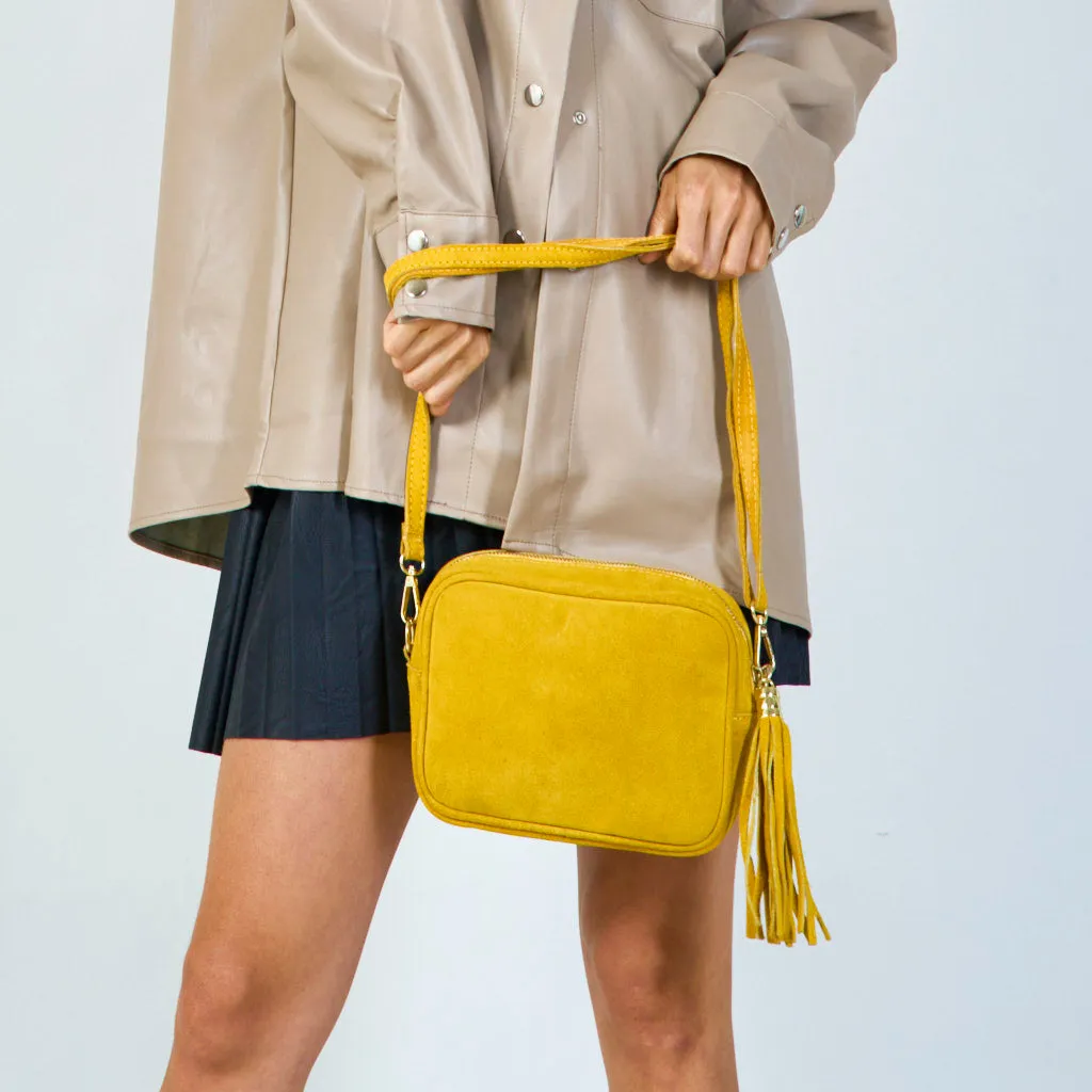 Suede crossbody bag with tassel wholesale