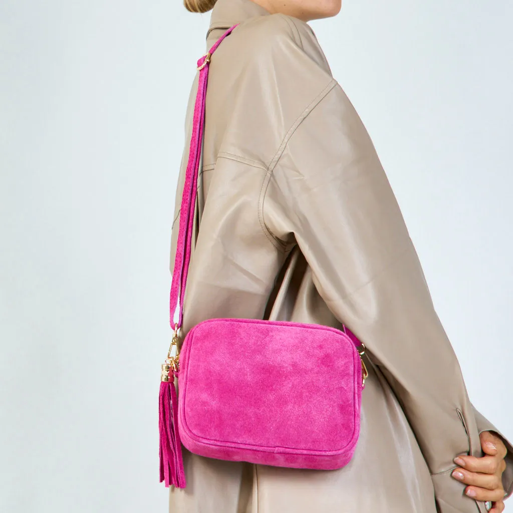 Suede crossbody bag with tassel wholesale