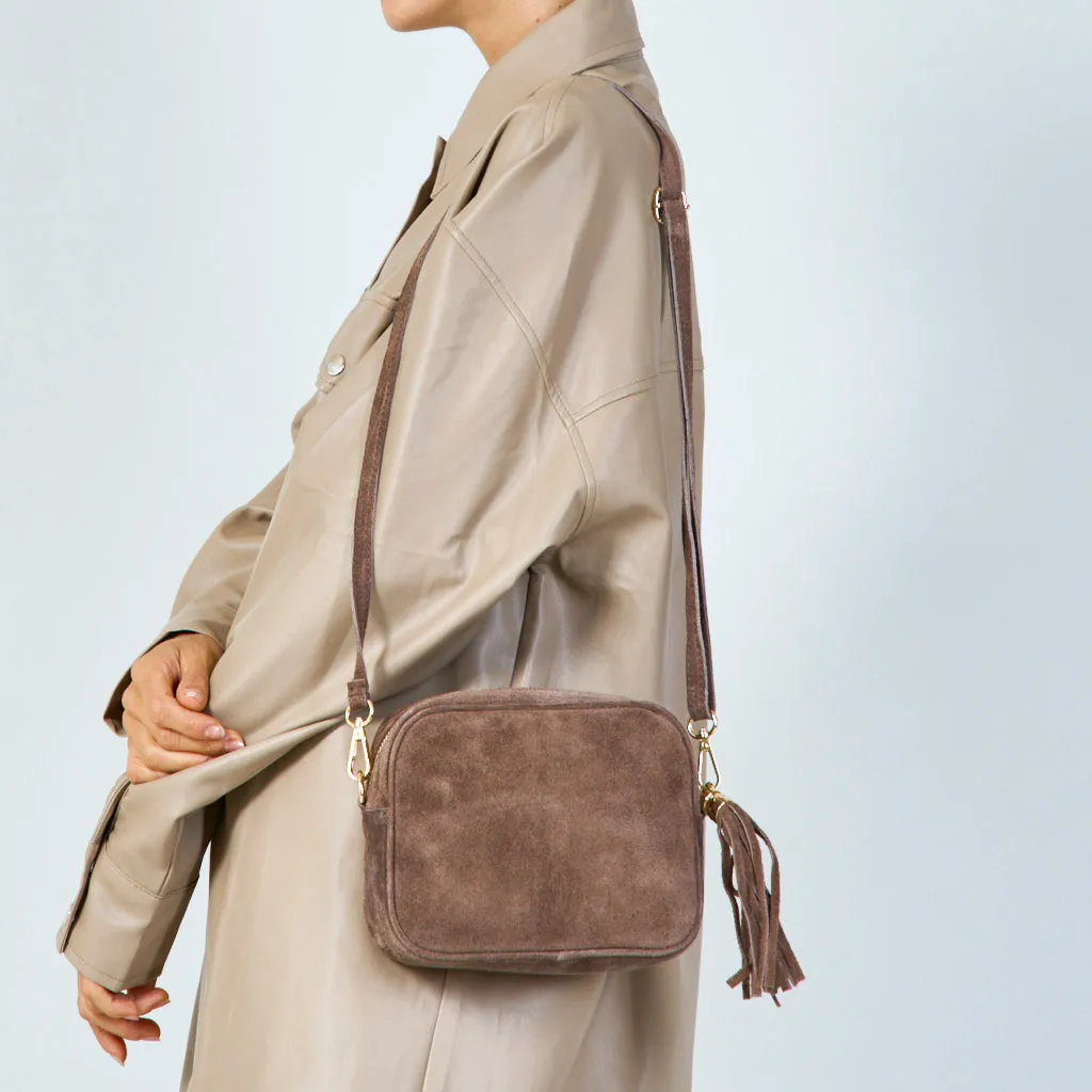 Suede crossbody bag with tassel wholesale