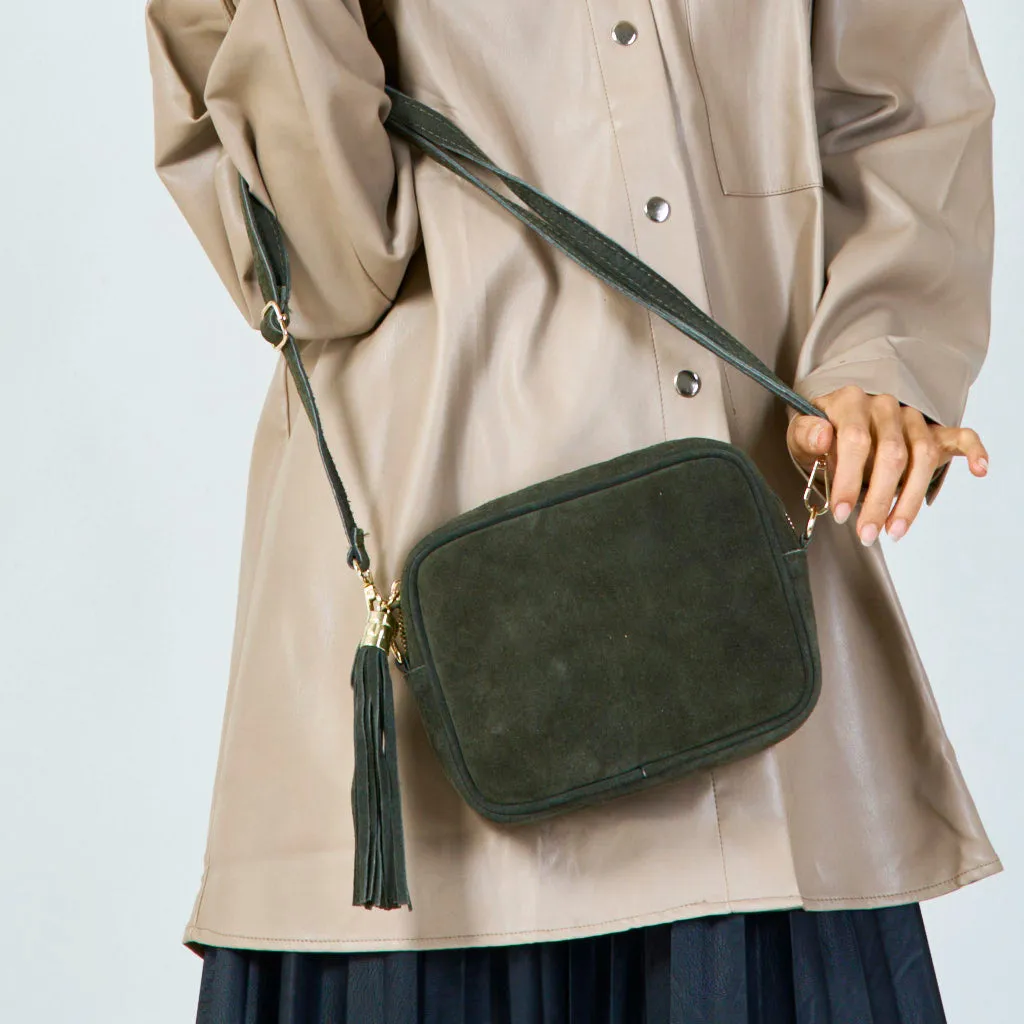 Suede crossbody bag with tassel wholesale