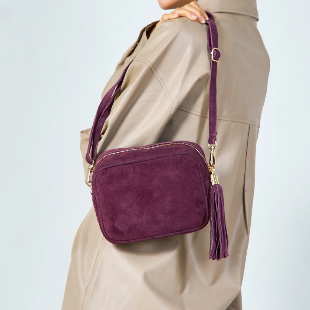 Suede crossbody bag with tassel wholesale
