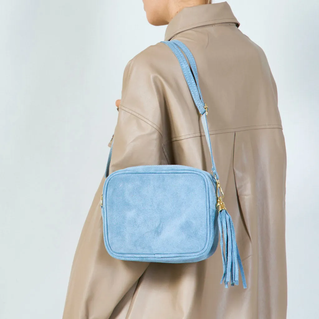 Suede crossbody bag with tassel wholesale