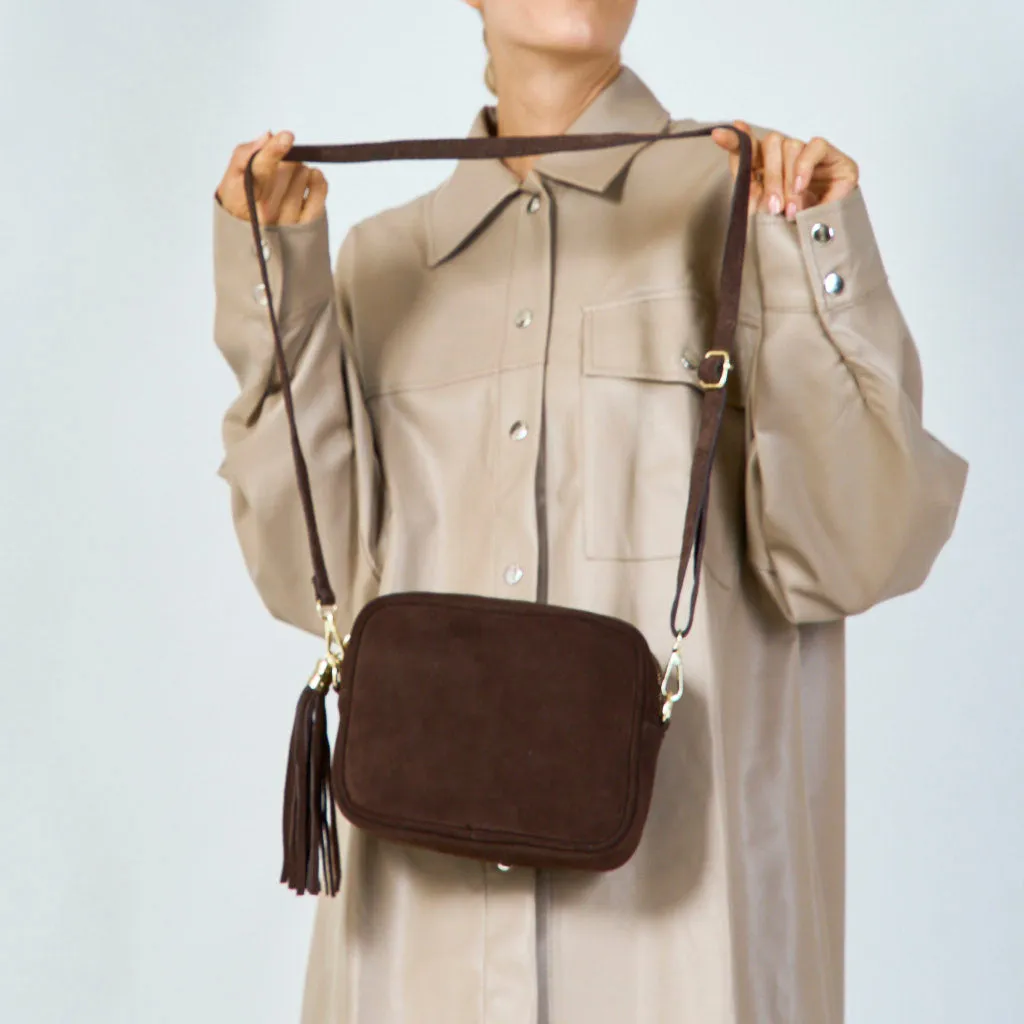 Suede crossbody bag with tassel wholesale