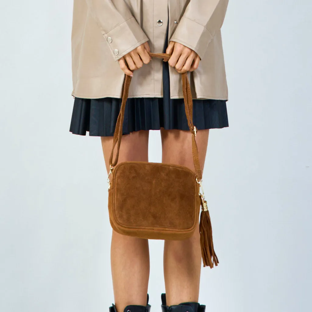 Suede crossbody bag with tassel wholesale