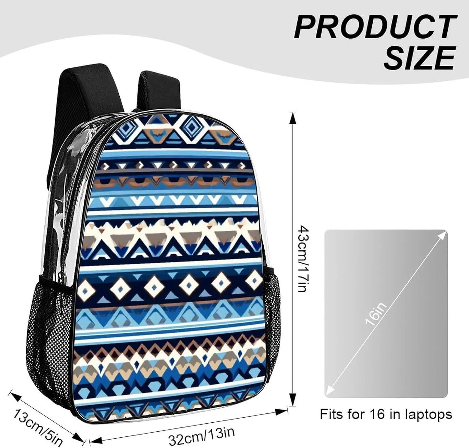 Supdreamc Colorful Surf Blue Tribal Navajo Aztec Geometric Ethnic Pattern Rucksacks Lightweight Multipurpose Transparent Shoulder Bag Big Capacity Traveling & Camping Backpack With Side Pockets
