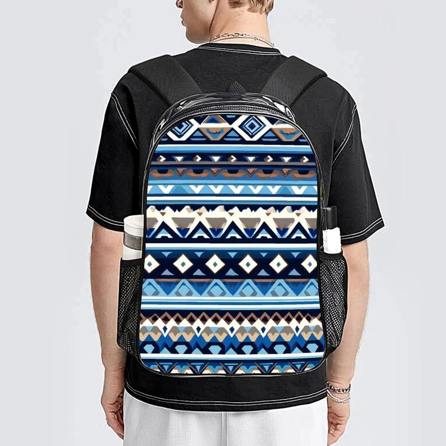 Supdreamc Colorful Surf Blue Tribal Navajo Aztec Geometric Ethnic Pattern Rucksacks Lightweight Multipurpose Transparent Shoulder Bag Big Capacity Traveling & Camping Backpack With Side Pockets