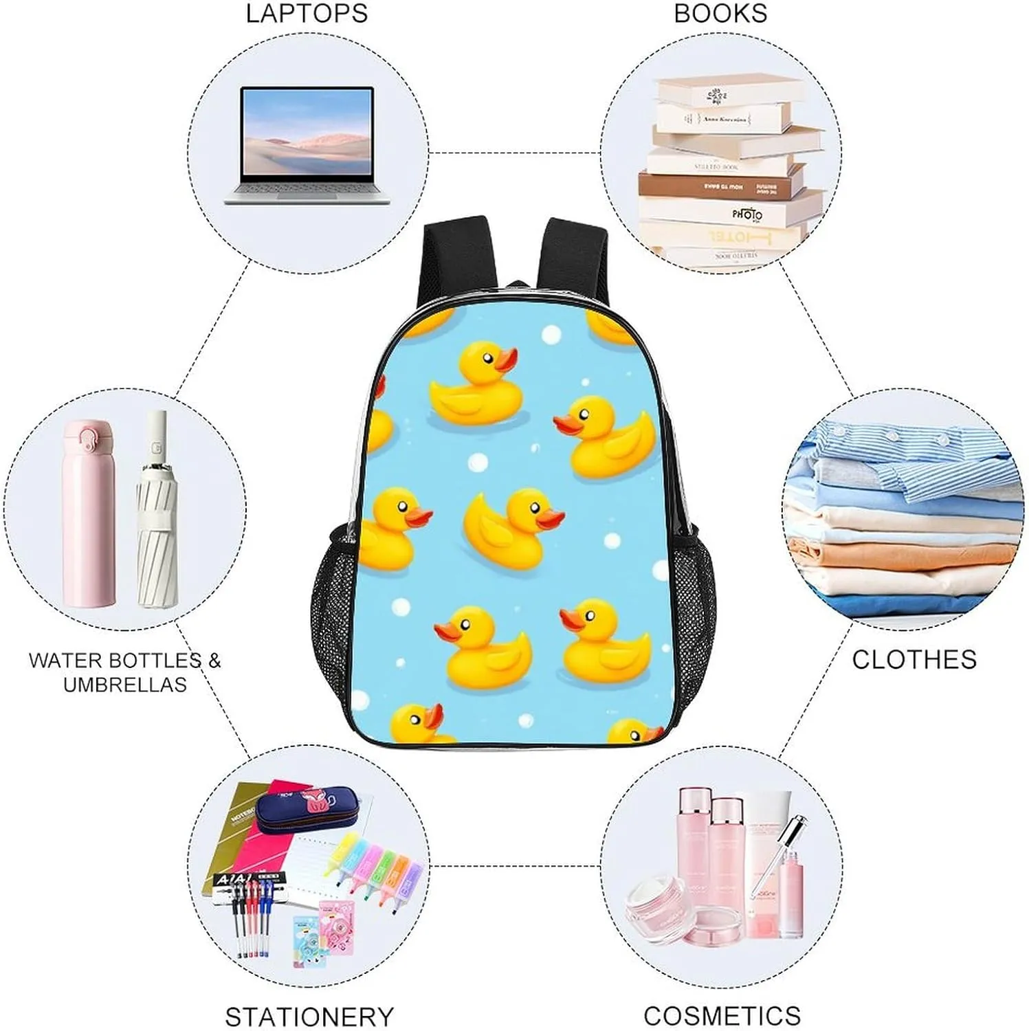 Supdreamc Lightweight Rucksacks for Camping Picnic Cycling - Large Capacity Multipurpose Transparent Carry On Bag, Cute Funny Blue Bubbles Yellow Rubber Ducks Travel Hiking & Camping Rucksack