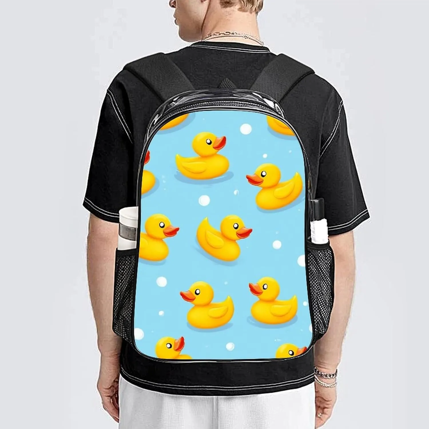 Supdreamc Lightweight Rucksacks for Camping Picnic Cycling - Large Capacity Multipurpose Transparent Carry On Bag, Cute Funny Blue Bubbles Yellow Rubber Ducks Travel Hiking & Camping Rucksack