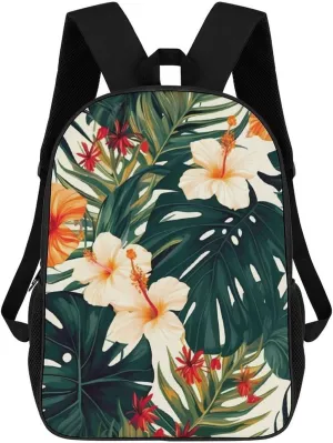 Tropical Summer Hawaiian Flower Palm Leaves Laptop Backpack 17 Inch for Women Men Travel Backpacks for Women Men Laptop Bag Fashion Casual Daypack