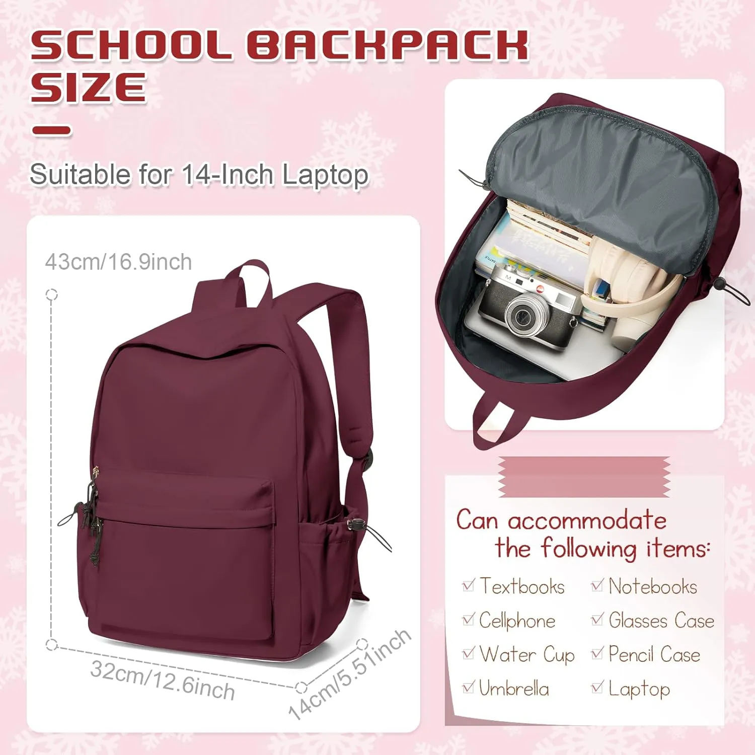VECAVE School Backpack Red Waterproof Bookbag Casual Lightweight Travel Rucksack Daypack Backpacks for Men Women College High School Bags backpack for Boys Girls Teens