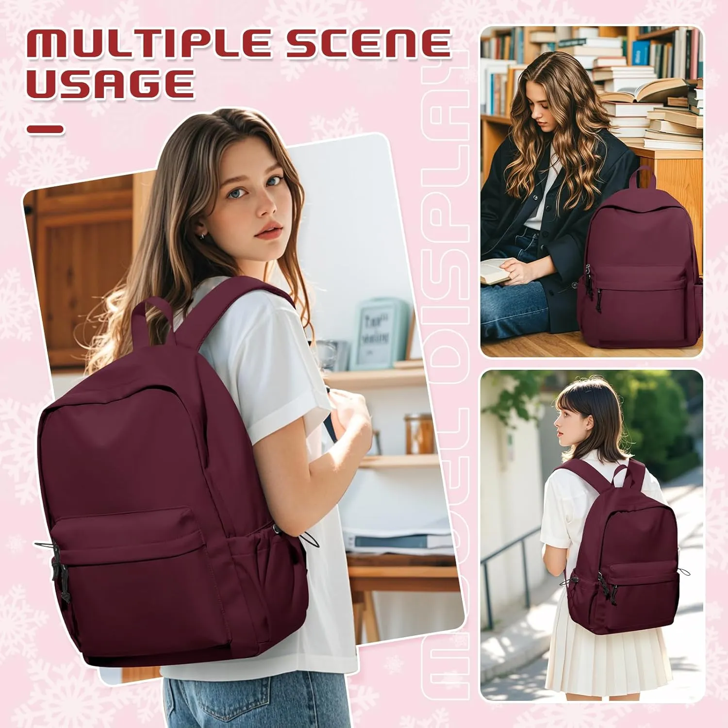VECAVE School Backpack Red Waterproof Bookbag Casual Lightweight Travel Rucksack Daypack Backpacks for Men Women College High School Bags backpack for Boys Girls Teens