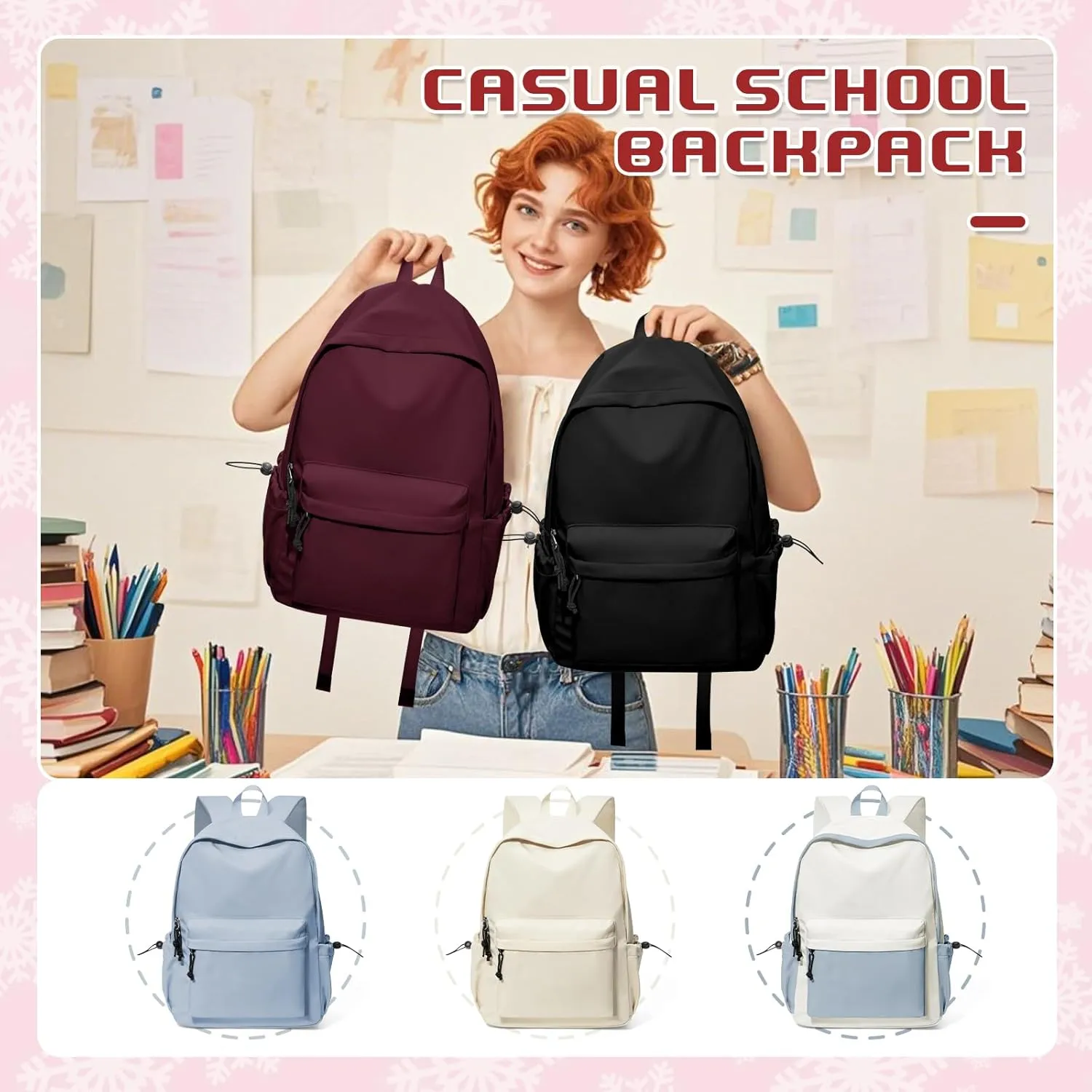 VECAVE School Backpack Red Waterproof Bookbag Casual Lightweight Travel Rucksack Daypack Backpacks for Men Women College High School Bags backpack for Boys Girls Teens