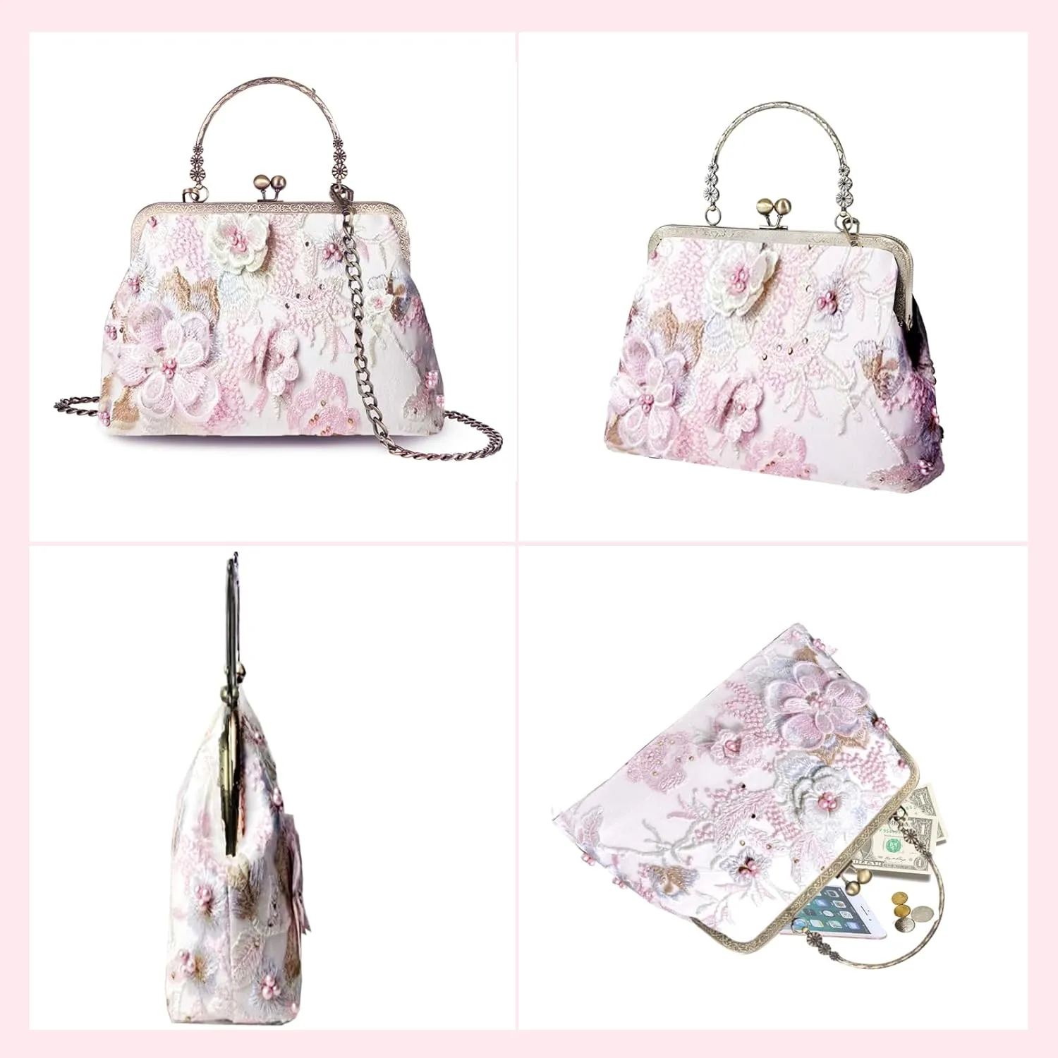 Vintage Purse Kiss Lock Purses and Handbags Floral Vacation Women Top Handle Handbag
