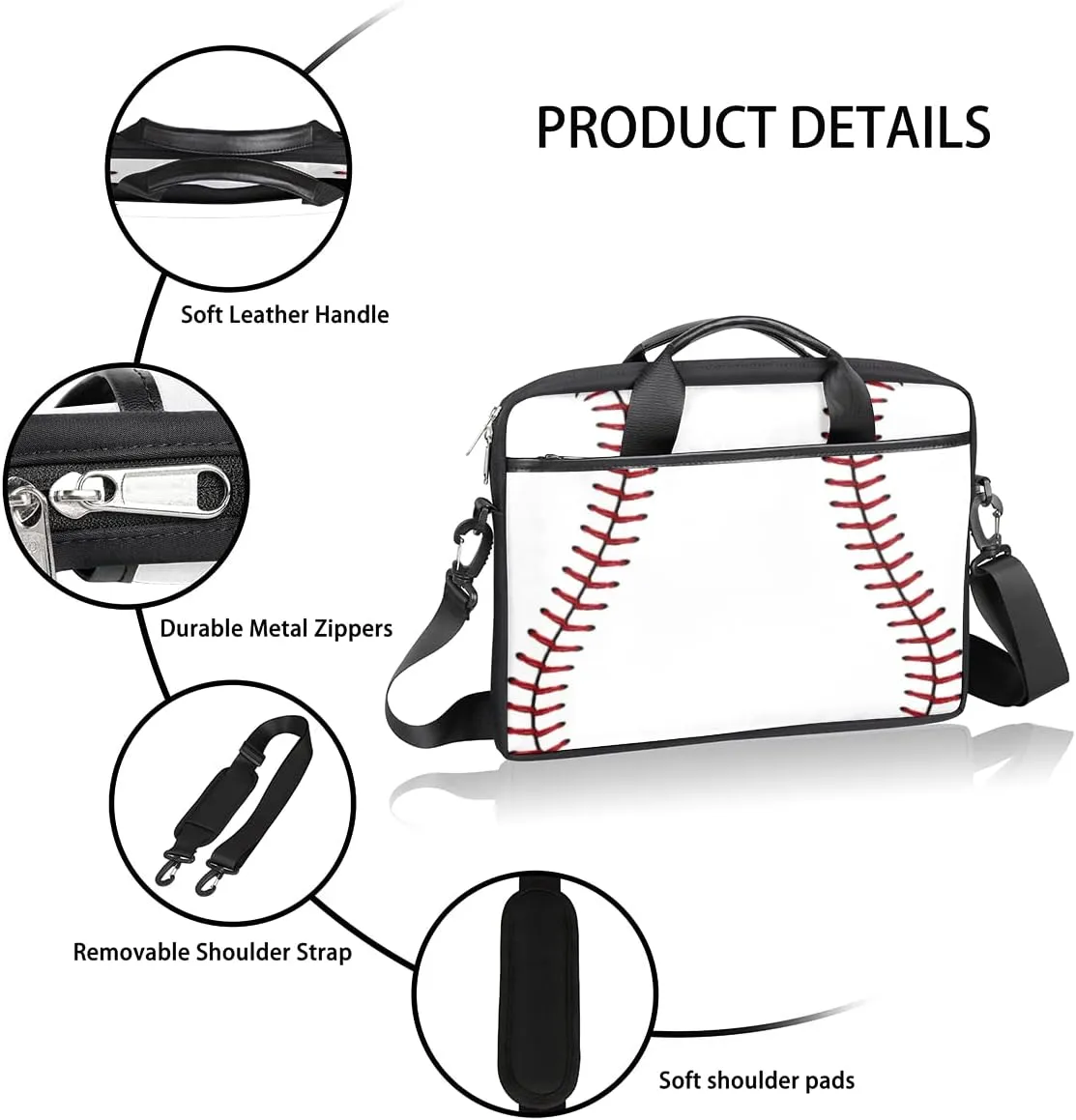 White Baseball Pattern Laptop Shoulder Messenger Bag Waterproof Laptop Briefcase with Handle and Padded Strap Case Sleeve