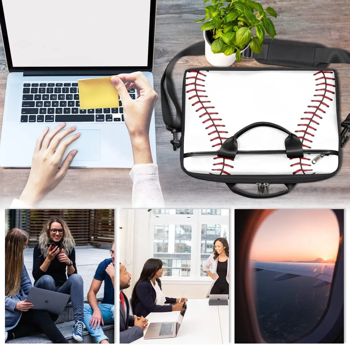 White Baseball Pattern Laptop Shoulder Messenger Bag Waterproof Laptop Briefcase with Handle and Padded Strap Case Sleeve