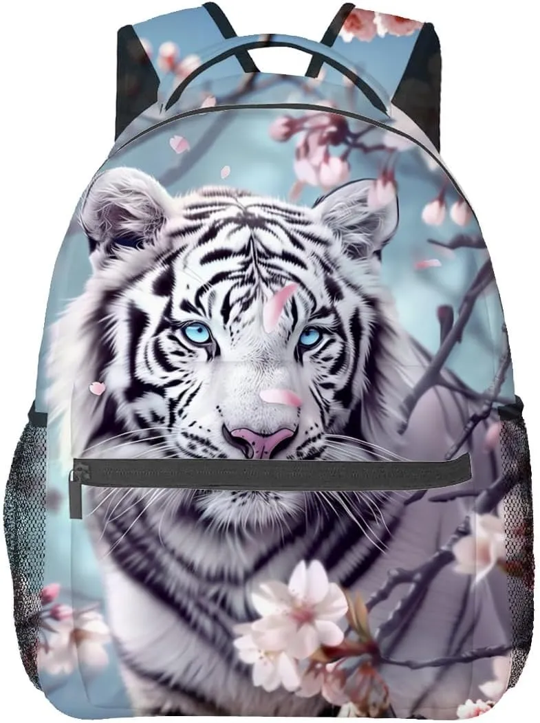 White Tiger Backpack,Cherry Blossom Polyester Backpacks,Lightweight Double Shoulder Back Pack for Kids Teens,Cool Animal Bookbag,School Bag Gifts,Casual Travel Daypack Book Packs