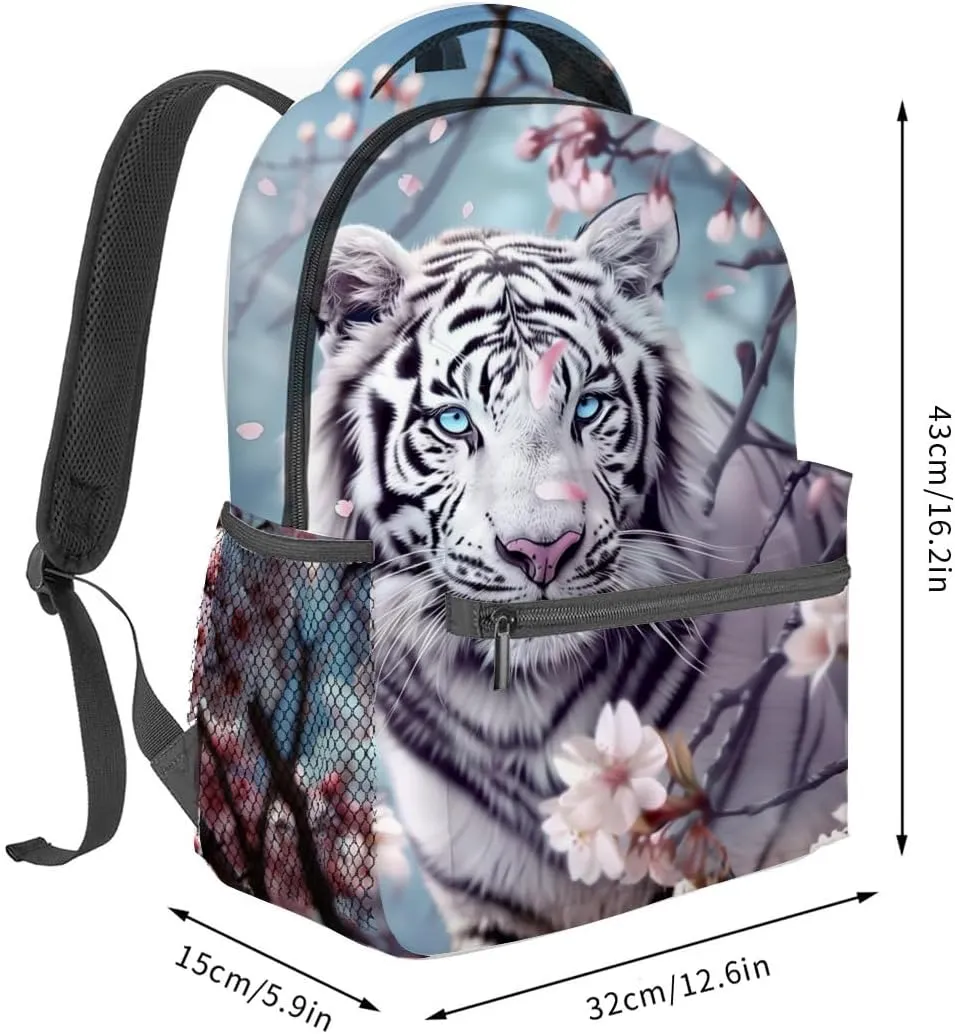 White Tiger Backpack,Cherry Blossom Polyester Backpacks,Lightweight Double Shoulder Back Pack for Kids Teens,Cool Animal Bookbag,School Bag Gifts,Casual Travel Daypack Book Packs