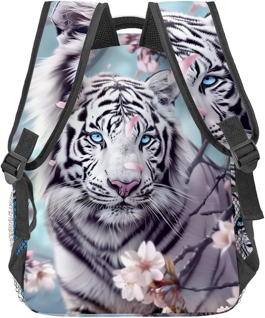 White Tiger Backpack,Cherry Blossom Polyester Backpacks,Lightweight Double Shoulder Back Pack for Kids Teens,Cool Animal Bookbag,School Bag Gifts,Casual Travel Daypack Book Packs