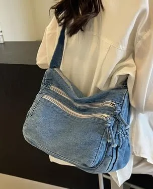 Womens Canvas Shoulder Bag Denim Crossbody Bags for Women Denim Hobo Bag Casual Tote Bag Purse Multi-Pockets Sling Bag