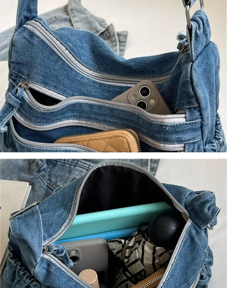 Womens Canvas Shoulder Bag Denim Crossbody Bags for Women Denim Hobo Bag Casual Tote Bag Purse Multi-Pockets Sling Bag