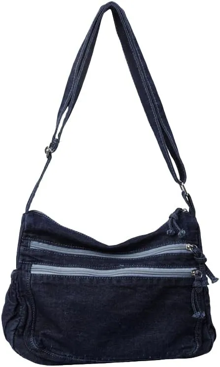 Womens Canvas Shoulder Bag Denim Crossbody Bags for Women Denim Hobo Bag Casual Tote Bag Purse Multi-Pockets Sling Bag