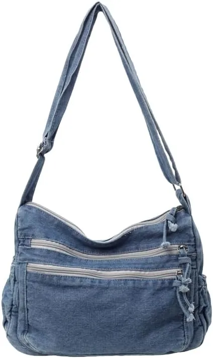 Womens Canvas Shoulder Bag Denim Crossbody Bags for Women Denim Hobo Bag Casual Tote Bag Purse Multi-Pockets Sling Bag