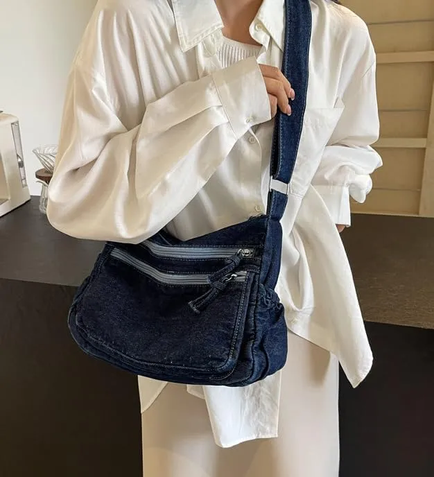 Womens Canvas Shoulder Bag Denim Crossbody Bags for Women Denim Hobo Bag Casual Tote Bag Purse Multi-Pockets Sling Bag