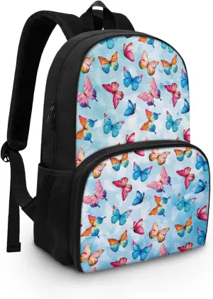 Yzaoxia Kids Girls Backpack Lunch Bag Lightweight Insulated Cooler Backpack with Front Pocket Casual Shoulder Rucksacks,Colorful Butterfly